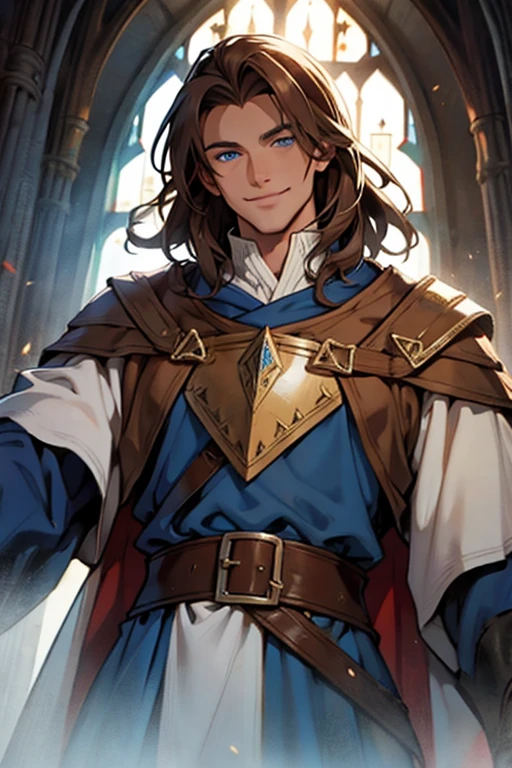 A handsome smiling cleric in medieval times with blue eyes and brown hair