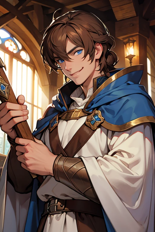 A handsome smiling cleric in medieval times with blue eyes and brown hair