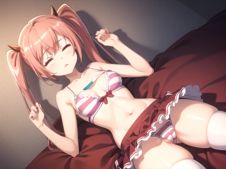 (ultra-highdetail, 8k quality, best quality, extremely detailed illustration,intense shadows, high quality anime illustration, anime coloring,), (aria holmes kanzaki, , pink hair, twintails, closed eyes,), sleeping, cameltoe, blue striped pattern panty, front open clothes, lift blue striped pattern bra, show off nipple, nipple, very short skirt, lift skirt, gleaming skin, show off pussy, white Thighhighs, Raise arm, on the bed,
