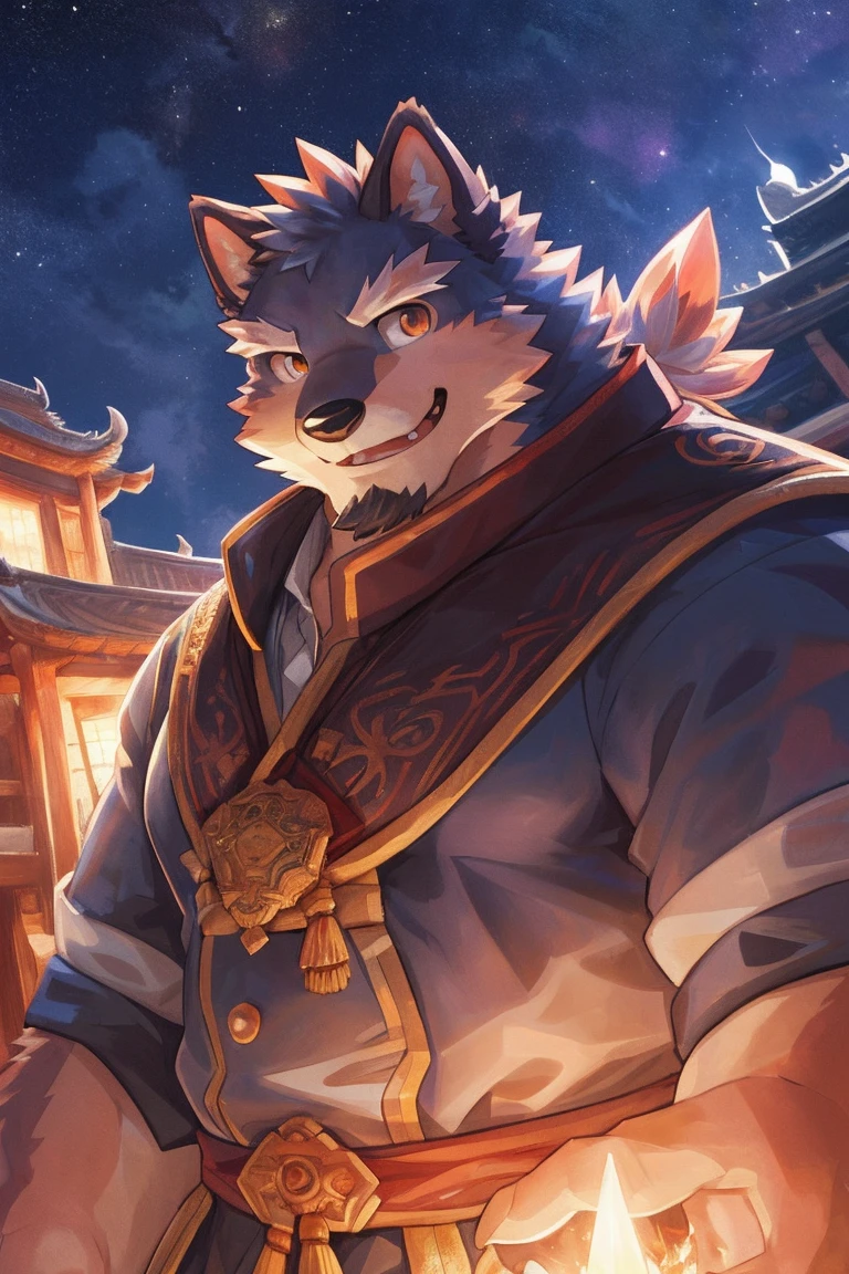 human nature, cannon, male, Solitary, ((Round Face, Handsome,Orange eyes,A small amount of black beard)), ((Endomorph, Handsome,Handsome的)), (armor,China costume), ((domestic 犬,Dog Orc), (At the training ground), Bokeh, (high quality, high resolution, Masterpiece 1.2), (Office lighting, Natural fill light,Rich colors), (Generous smile,full,Leisure), (Face focus), Full body picture (close up), cartoon, author:Takemoto Arashi, by zixiong, By Chunni, author:Empty Ghost,(background:Mountain jungle stream 1.5),,Glow,evening,Starry Sky,Auspicious Clouds,background丰富详细