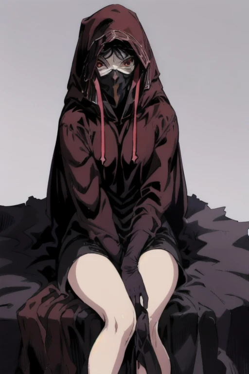 No name assassin, sad, mask, red eyes, cloak, robe, white gloves, long skirt, hood, cape, sitting