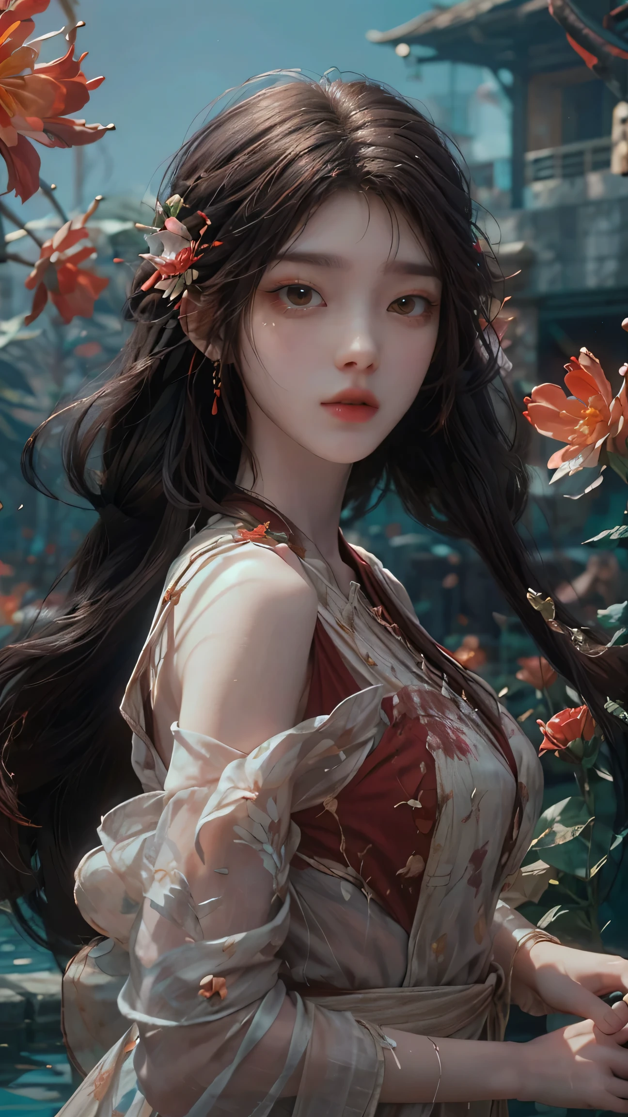 1 girl,fashion clothing,huge flowers,delicate stamen,the delicate facial features,flying petals,surrounded by flowers,dark red atmosphere,(flowers of dark red:1.3),(kleinred:1.3),shining fluorescence,the glowing colors of the night,crystal clear petals,many delicate aqua Red flowers,red floodlight like the Blood,