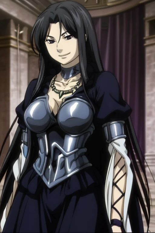 masterpiece, best quality, high quality details, 1girl, solo, breast, long hair, dress, purple eyes, very long hair, black hair, choker, collarbone, fingerless gloves, long skirt, smile, bracelet, armor, upper body, breastplate, cleavage, necklace, jewelry, smile,