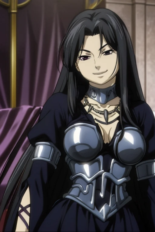 masterpiece, best quality, high quality details, 1girl, solo, breast, long hair, dress, purple eyes, very long hair, black hair, choker, collarbone, fingerless gloves, long skirt, smile, bracelet, armor, upper body, breastplate, cleavage, necklace, jewelry, smile,