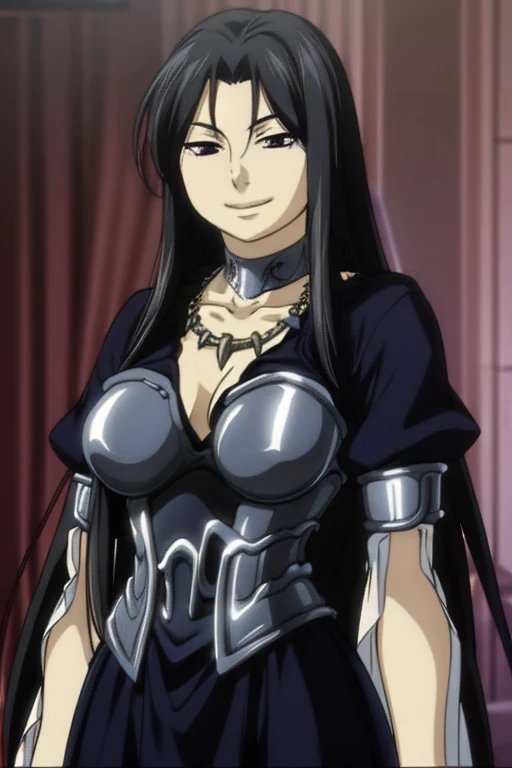 masterpiece, best quality, high quality details, 1girl, solo, breast, long hair, dress, purple eyes, very long hair, black hair, choker, collarbone, fingerless gloves, long skirt, smile, bracelet, armor, upper body, breastplate, cleavage, necklace, jewelry, smile,