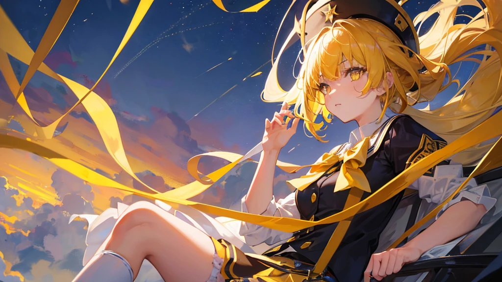 girl with yellow eyes and hair, bangs, ribbon on her head, yellow royal school clothes, stockings, 8k resolution, sky, detail
