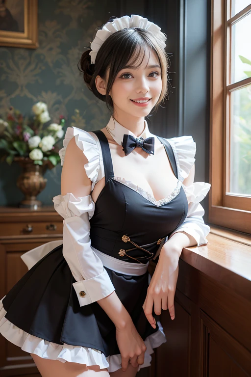 (Extremely detailed, 8K, RAW photos, best quality), HD RAW color photography, Professional photography, (Practical, Photorealism:1.37),1 girl, light, (Facial details are more delicate:1.2), (best quality:1.2), Ultra detailed background,Cowboy shooting, (happy smiley face:1.4),Upper Fang, (looking at the audience:1.2),(slim:1.2), (Willow Waist:1.2), (Large Breasts:1.35), (cleveage:1.2),elegant, Gorgeous,Gothic Lolita,(Short Bob Hairstyle:1.2),whole body, bow tie, (detailed Maid:1.2),crepe_Fabric_detailed_clothing, Puffs_long_detailed_sleeve, Luxury mansion in the background, in, indirect lighting, floor lamp, Many beautiful flowers in luxurious vases, Create an atmosphere of luxury., Marble Flooring, Decorative wall, rest ,William Morris, Arts and Crafts Movement, complex patterns, Design inspired by nature, Wallpaper Art, Textile creations, British tradition