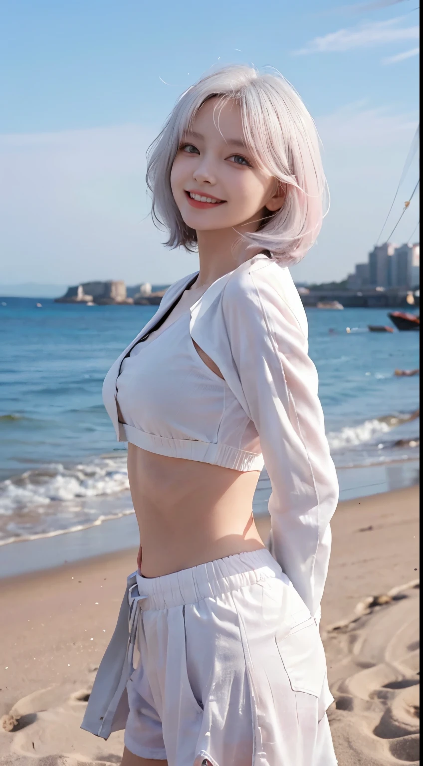 Best image quality、RAW Photos、超A high resolution、21 years old Korean、Small breasts、Dynamic Angle、Cowboy Shot、Chaos in its most beautiful form、elegant、Brutalist Design、Vibrant colors、Beautiful white hair、Short Bob、smile、fun、smile、Glowing White Skin、Beautiful eyes with random colors、Very thin lips、Beautiful eyes in every detail、 Narrow eyes、Cheeks are pale pink、Eyelash length、Beautiful double eyelids、eye shadow、Bright white hair、Crop top、Lightweight see-through jacket、Transparent top、Harem pants、Sandy Beach、Shooting from the rear、turn around、The wind is blowing、Hair fluttering、boost mood、Full body photo
