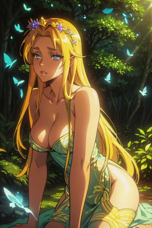 beautiful sexy girl in mystical forest, fantasy forest fairy, elegant flowing dress, long hair, beautiful detailed eyes, beautiful detailed lips, extremely detailed face, longeyelashes, intricate floral crown, glowing butterflies, sunlight streaming through trees, vibrant colors, photorealistic, masterpiece, 8k