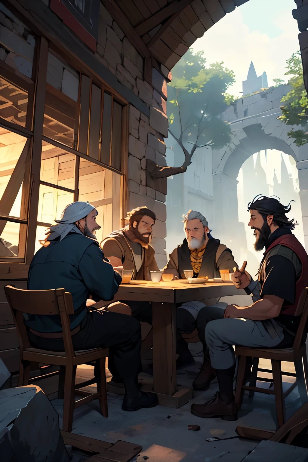 A group of four adventurers are gathered inside a destroyed tavern. A taverna, antes acolhedora, now displays signs of devastation due to a huge rock falling from the sky, leaving a visible hole in the ceiling. Adventurers are:

Druid Dwarf: male, with a robust appearance and a thick beard. He is dressed in typical druid attire, adornados com elementos naturais como folhas e galhos.

Drow: Um elfo negro de Dungeons and Dragons, clearly of advanced age, com uma barba longa e branca. He is also male and wears dark clothes that match his ebony skin..

Mago: Um homem magro envolto em um manto marrom com um capuz que cobre parcialmente seu rosto. He is accompanied by a crow, seu companheiro fiel, that&#39;s perched on your shoulder or flying nearby.

Guerreiro: Um homem de cabelos lisos e bem cuidados, sem barba. Ele veste uma armadura de guerreiro que mostra sinais de uso, but it is still in good condition.

The four are sitting around a wooden table, bebendo e conversando, immersed in an atmosphere of camaraderie despite the destruction around them. A luz que entra pelo buraco no teto ilumina a cena, highlighting both the devastation and resilience of the adventurers.
