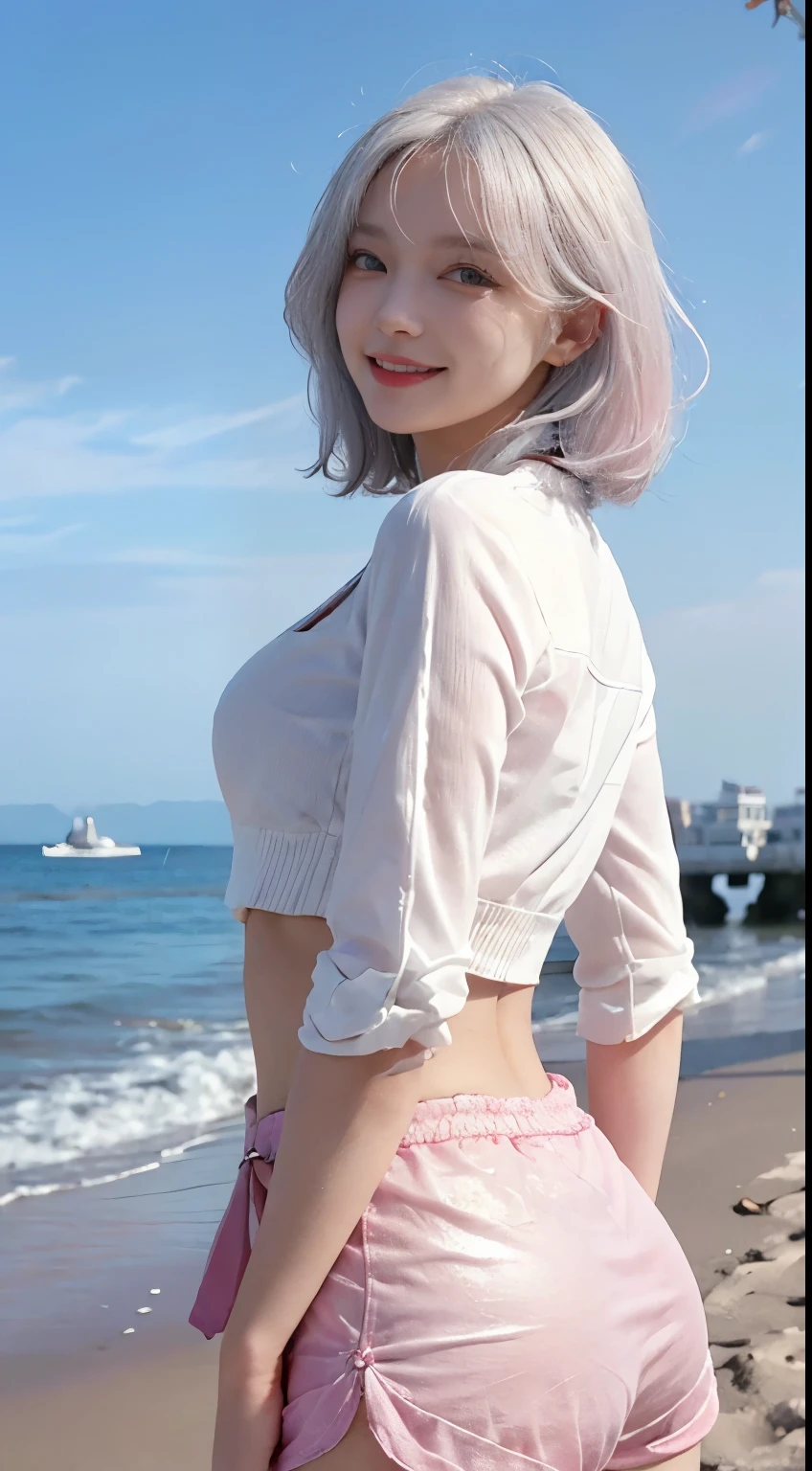 Best image quality、RAW Photos、超A high resolution、21 years old Korean、Small breasts、Dynamic Angle、Cowboy Shot、Chaos in its most beautiful form、elegant、Brutalist Design、Vibrant colors、Beautiful white hair、Short Bob、smile、fun、smile、Glowing White Skin、Beautiful eyes with random colors、Very thin lips、Beautiful eyes in every detail、 Narrow eyes、Cheeks are pale pink、Eyelash length、Beautiful double eyelids、eye shadow、Bright white hair、Crop top、Lightweight see-through jacket、Transparent top、Harem pants、Sandy Beach、Shooting from the rear、turn around、The wind is blowing、Hair fluttering、boost mood、Full body photo