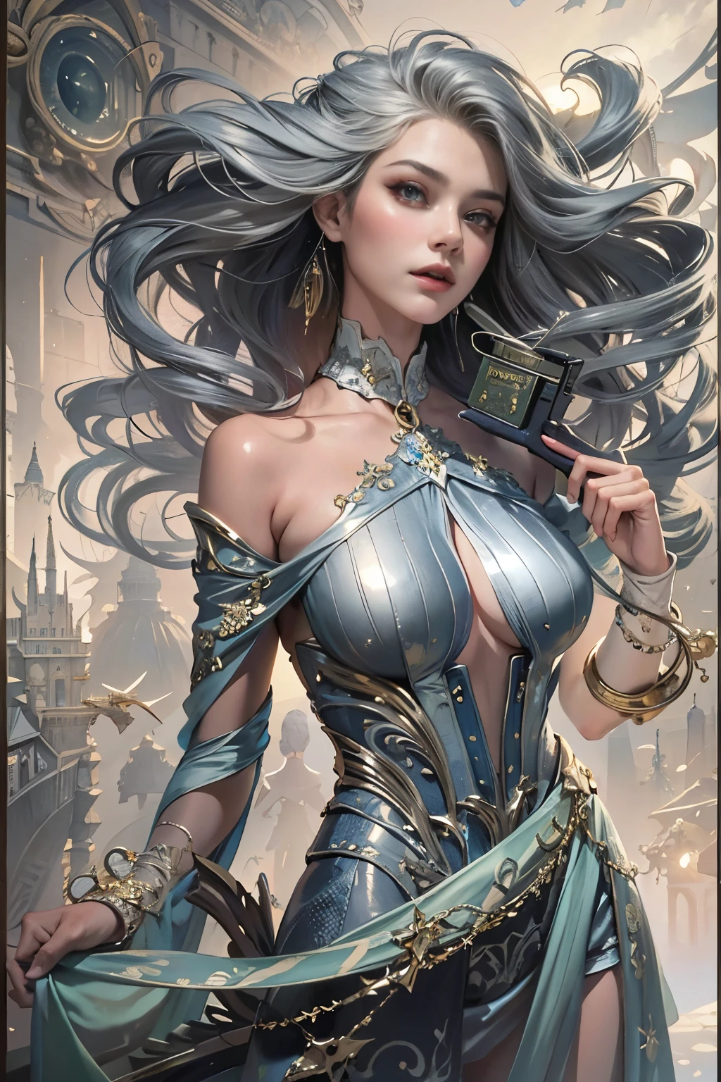 Portraiture, Beautiful woman, Gray Hair, Glamorous Dress, (Long, wavy hair like smoke):0.85 , Confident expression, detailed, 16k, sf, complicated artwork masterpiece, Unlucky, Matte Painting Movie Poster, Golden Ratio, CGSociety Trends, complicated, amazing, Trending on Art Station, by Artgerm, h. r. Giger and Beksinski, highly detailed, Vibrant, Production Movie Character Rendering, Super high quality model:1,huge firm bouncing bust, dynamic sexy poses
