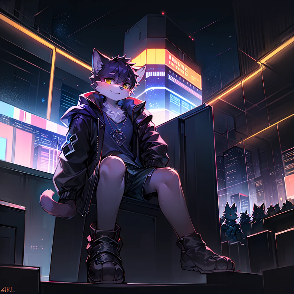 A cute boy in the starry night sky，4k，high quality，Stunning modern city view，High-rise，roof，Many drones，A cat with soft fur，Wearing a see-through baggy jacket and shorts，Sitting sideways looking at the audience，Bright colors，Octane Rendering，Intricate details