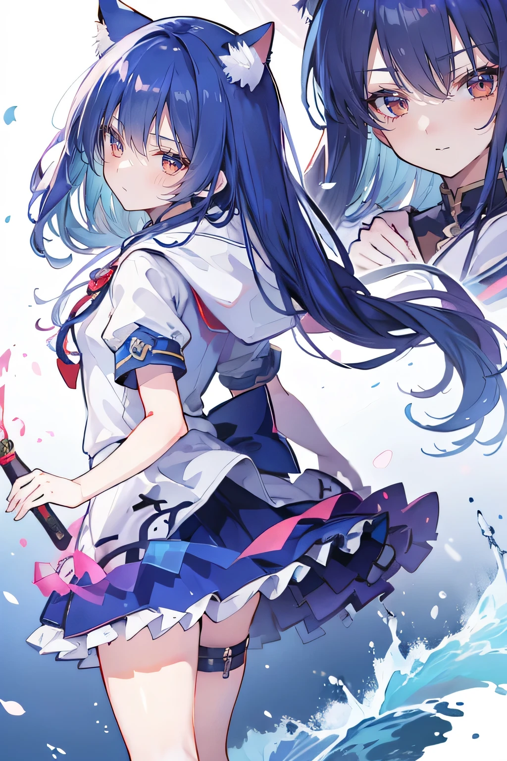 （masterpiece：1.2），Super detailed，lifelike，Expressive eyes，fair skin，perfect face shape，1 girl，
Japanese comics,Gorgeous blue hair,flowing blue hair,flowing clothes,Cat ears,Petals fall,beautiful lola,Baby Angel,sunrise,
Shaking head with one hand，Cross your legs，Gentle and peaceful background，The pavilion is cool and comfortable,smile, wearing hoodie, background of tokyo,back views,snowing, winter，seaside，wet clothes，A smile，A faint smile，。Anime girl holding a sword in the fire, Anime epic artwork, 4k Anime Wallpaper, Anime Art Wallpaper 4K, Anime Art Wallpaper 4K, Anime Wallpaper 4k, anime art wallpaper 8 k, Anime Wallpaper 4 k, Bad guy anime 8k, Anime Wallpaper, Anime Wallpaper, hd Anime Wallpaper, Anime style 4K, 4k comics wallpaper