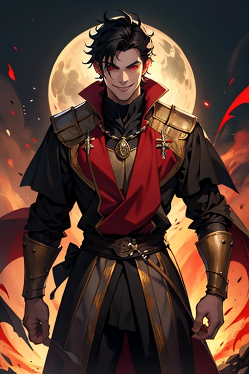 A handsome smiling vampire in medieval times with red eyes and short black hair