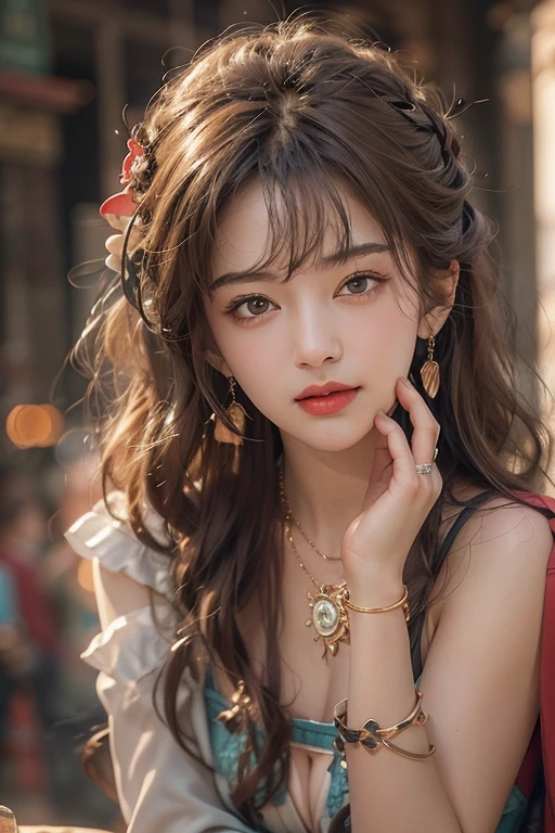(masterpiece:1.3), (8k, Realistic, RAW Photos, Best image quality: 1.4), Japanese 、18-year-old,(Random Hairstyles:1.2)、Cleavage:1.2、Highly detailed face、Attention to detail、double eyelid、Chest to chest、Sharp focus:1.2、Beautiful woman:1.4、Light brown hair、highest quality、masterpiece、超A high resolution、(Realistic:1.4)、Highly detailed and professionally lit smiles、Loose fitting steampunk outfit、Shoulders out、thin、Serious expression、Holding a gorgeous necklace in her right hand, In the city、Eat dinner