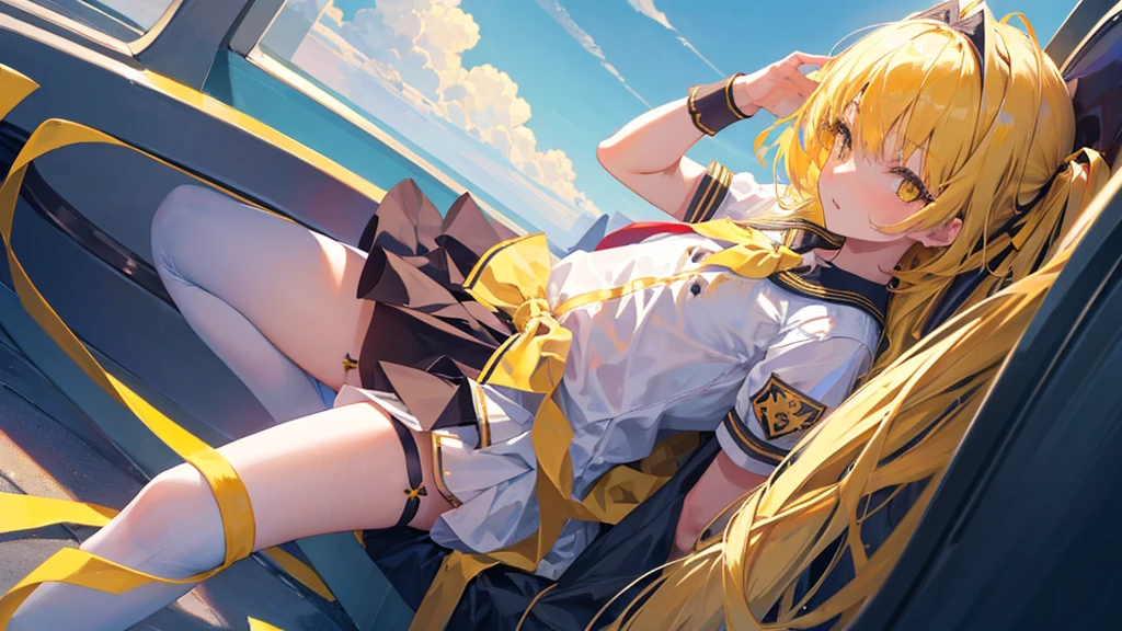 girl with yellow eyes and hair, bangs, ribbon on her head, yellow royal school clothes, stockings, 8k resolution, sky, detail