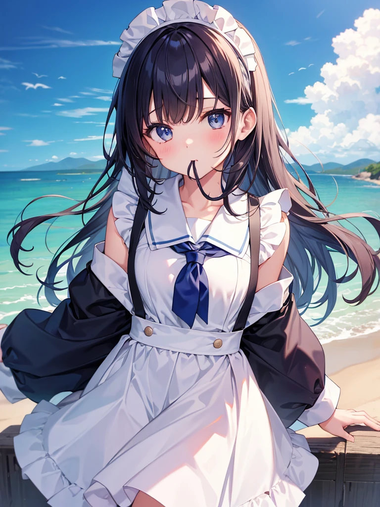 Shoot from the front,Front view、Background white、One girl, only, Keep your mouth open to the fullest、Sailor suit、、Maid's Cap、Fine lips、Long blonde hair and white shirt, Cute girl anime look, Long hair blonde anime girl, Cheeky Smile, Beautiful anime school girl, Visual anime of young women, Very cute anime girl face, Best Anime Girl