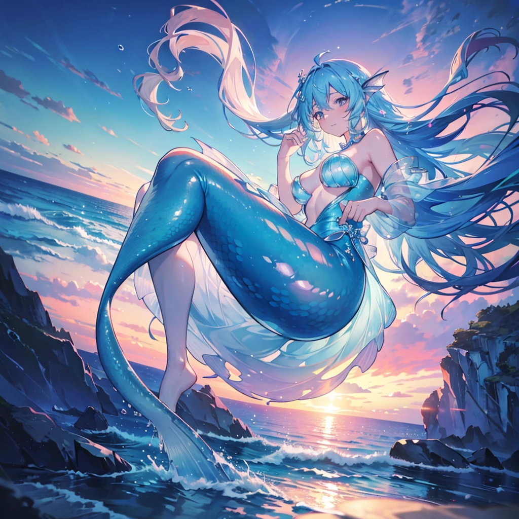 extraordinary masterpiece, highest resolution, incredibly detailed (Realistic, Photorealistic: 1.4), 8K, underwater scene, mermaid girl, neon-colored hair and tail, stone underfoot, bright blue sea, sunset backdrop, vibrant colors, sunset sky, ocean waves, radiant scales, shimmering pearls, flowing hair accentuating her ethereal beauty.