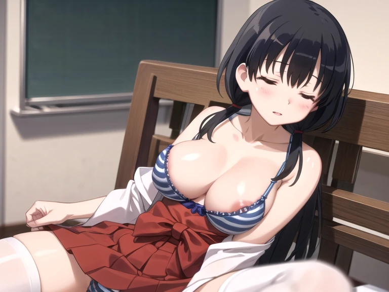 (ultra-highdetail, 8k quality, best quality, extremely detailed illustration,intense shadows, high quality anime illustration, anime coloring,), (komaki jindai, japanese clothes, black hair, closed eyes,), sleeping, cameltoe, blue striped pattern panty, front open clothes, lift blue striped pattern bra, show off nipple, nipple, very short skirt, lift skirt, gleaming skin, show off pussy, white Thighhighs, Raise arm, on the bed,
