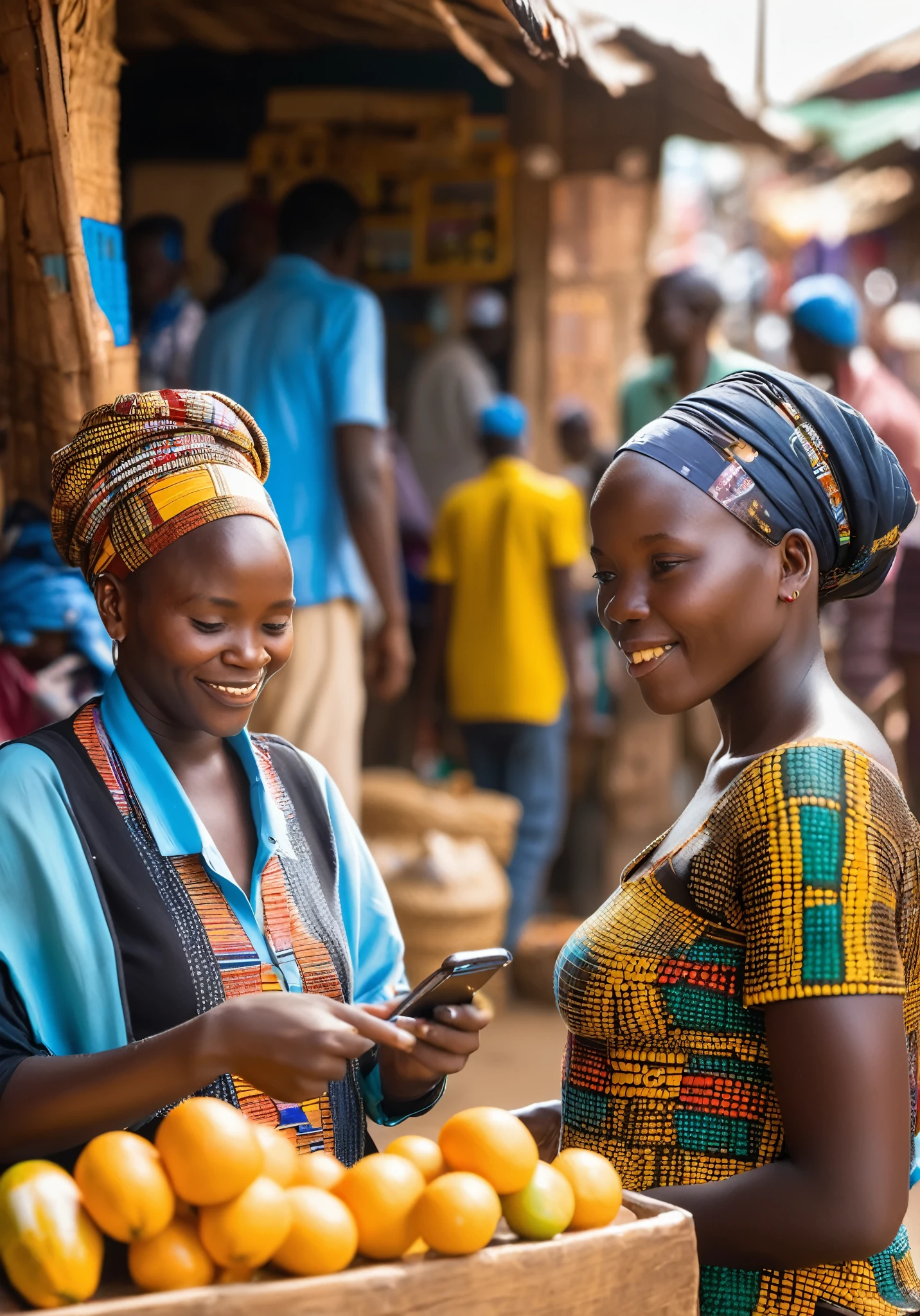 A shop vendor and customer in the market, both holding phones to receive and send money, african setting, focus on the interaction with detailed phone screens, dynamic market scene with traditional huts and modern stalls, energetic and lively atmosphere,