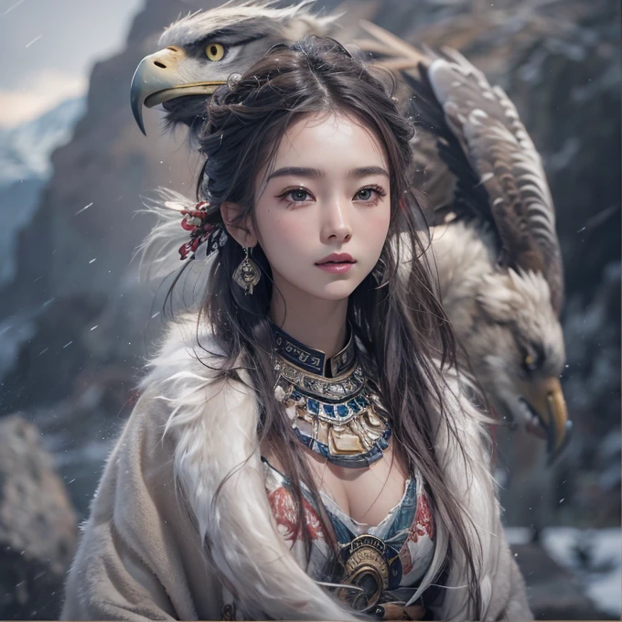 Hiding in the snowy mountains、Hair flow、 ((highest quality、masterpiece、8k、Best image quality、Ultra-high resolution、Award-winning works)、(Accurate anatomy:1.1)、(Look at me and smile:1.1)、Shining fair skin with Ultra-high resolution、The most detailed face、Ultra-high resolution detailed face、Ultra-high resolutionの髪の毛、(Ultra-high resolutionの煌めく瞳:1.1)、Beautiful face drawn in every detail、(Blurred Background:1.1)、Ancient Inuit clothing, Chest to chest, tattoo, Old ruins in the background、Apart from the real giant eagle