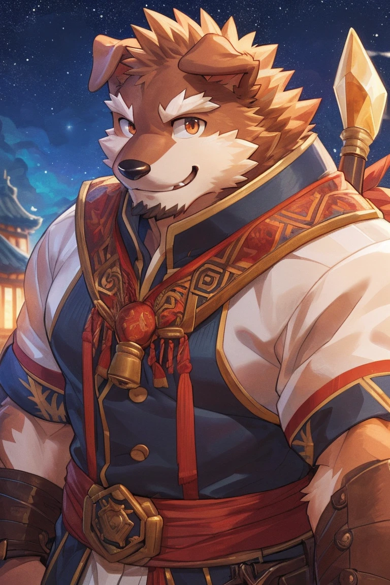 human nature, cannon, male, Solitary, ((Round Face, Handsome,Orange eyes,A small amount of black beard)), ((Endomorph, Handsome,Handsome的)), (armor,China costume), ((domestic 犬,Dog Orc), (At the training ground), Bokeh, (high quality, high resolution, Masterpiece 1.2), (Office lighting, Natural fill light,Rich colors), (Generous smile,full,Leisure), (Face focus), Full body picture (close up), cartoon, author:Takemoto Arashi, by zixiong, By Chunni, author:Empty Ghost,(background:Mountain jungle stream 1.5),,Glow,evening,Starry Sky,Auspicious Clouds,background丰富详细
