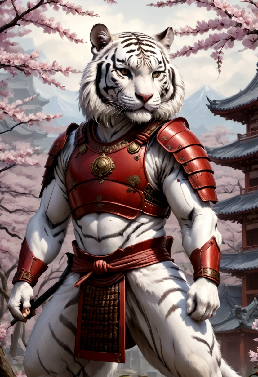 ((Masterpiece)), (Best Quality), (Cinematic),(highly accurate drawing in every detail)(extremely precise representation)complete_body_shot, a stunning white tiger(white siberian tiger) (with all tiger specific bodyparts) with partly longer flowing fur clad in ancient red samurai plate armor with helmeted samuraihelmet and katana and nodachi gets in fighting pose in front of temple with cherry blossoms. the scenery is absurd but awe inspiring. high quality linework,plain background,1 line drawing,flat watercolor background, Full body illustration