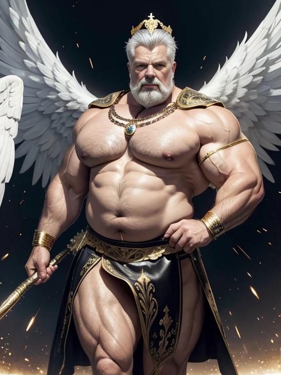 Hyperrealistic image of an elderly man over 79 years old, grey-haired Nordic archangel superhero with huge open white wings with a huge crown of gold and gems and a halo of light on his head super heavy and very fat very handsome bodybuilder with huge flabby pecs and very large and pointed nipples very sweaty jumping in the air in a sky of very white clouds wearing only a leather and gold Roman skirt