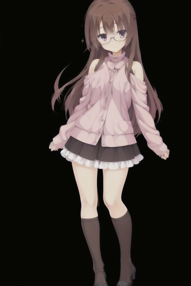 1girl,solo,smiling, glasses, woman, brown hair, medium hair, A frilly pink sweater with exposed shoulders, black skirt with a ribbon,medium breast, full body, full body, Thigh Highs, Character portrait, whole body, expensive_solve, clear_image, expensive_Contrast, 8k, Sparkling, beautiful_detailed_face_and_eye, (Brown Hair:1.25), 白 eye,Black background