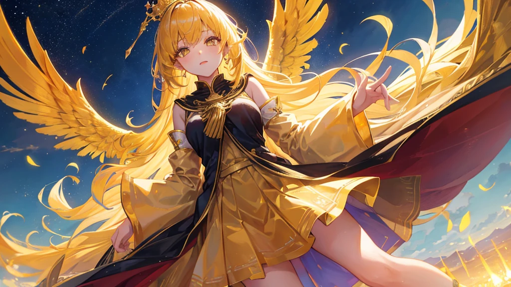 girl with yellow eyes and hair, bangs, gold crown, yellow royal clothes, golden wings, stockings, 8k resolution, sky, detail
