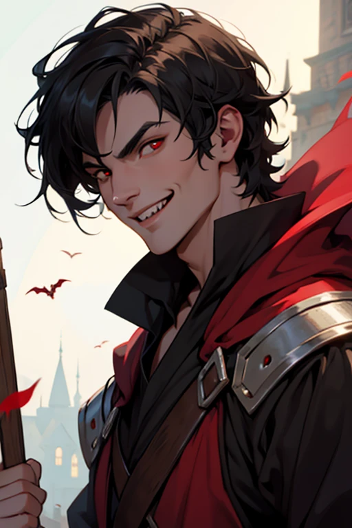 A handsome smiling vampire peasant in medieval times with red eyes and short black hair