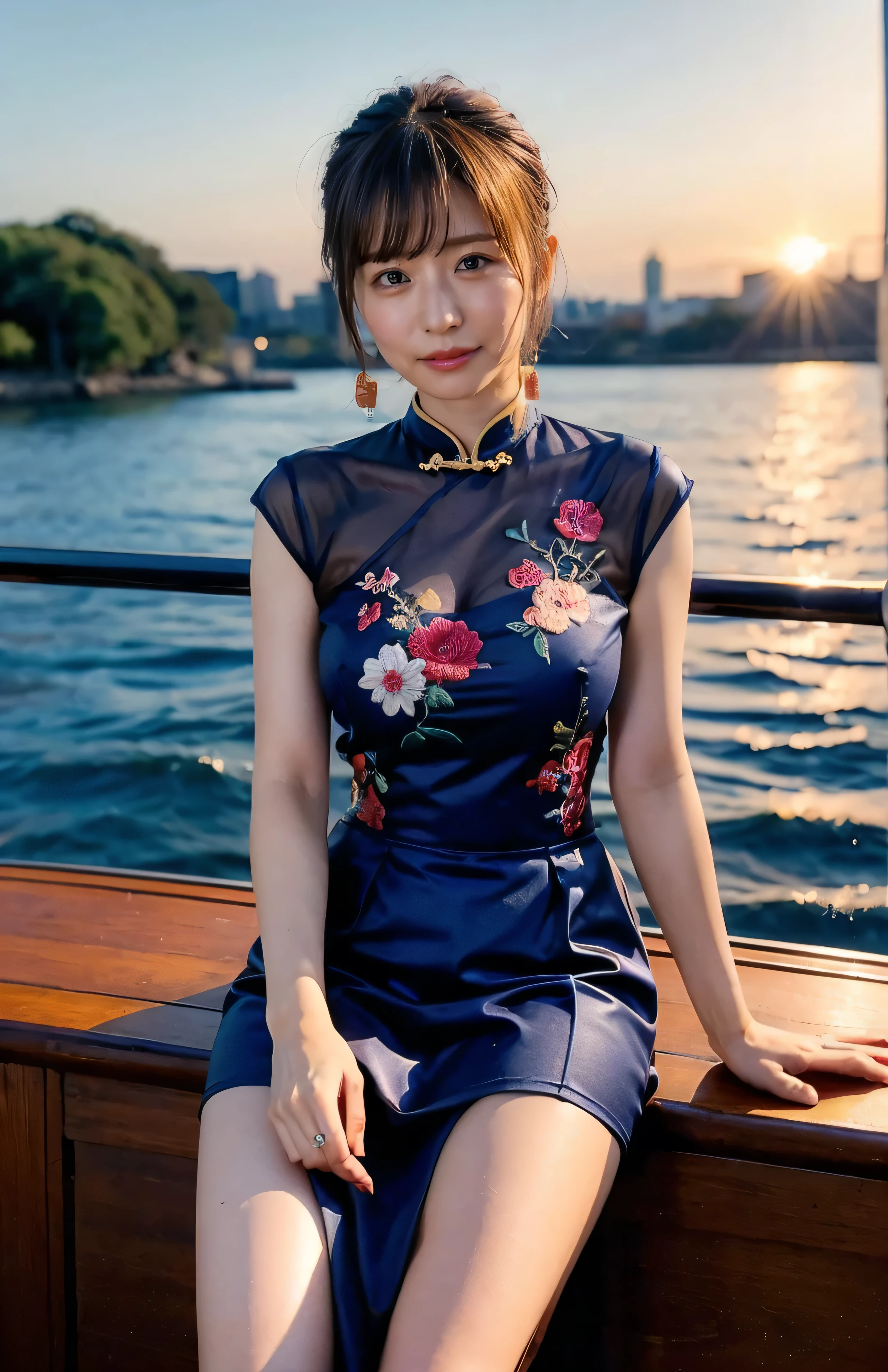 The sky turns red、center！Chinese Cheongsam、Toast with red wine、hair ornaments、Tie your hair elegantly、Gorgeous silk cheongsam、((Elegantly posing on a boat、Luxurious and shiny navy-colored Chinese dress with embroidered long skirt:1.4)).A luxurious and shiny silk cheongsam、A luxurious navy blue cheongsam with embroidery、Woman standing on a boat、Light brown hair、Elegant hairstyle、Blue Eyed Woman、A woman with a cute upward gaze、When the sky gets dark、The gentle light of the ship shines、The sky turns red as the sun sets、Tight clothing that shows your body lines、、Elegant navy blue summer knit、Elegant black summer sweater、Short skirt、Dress elegantly着こなす、Luxury Bagedium Shorthair:1.4））、Skyscrapers seen across the sea、Manhattan 私sland is visible offshore、Woman on a sightseeing boat、、The sun shines on her、Light brown hair、Light brown hair、The sky was dyed red、There are clouds、private's cute、An elegantly dressed woman is sitting on a boat and watching the sunset、Her ample breasts are obvious even through her clothes..、The shining sun is so beautiful、Dusk is approaching、Lens flare、I can see the sunset、（（Sunlight reflecting off the ocean、Ocean View、The sun shines on the sea、&#39;beautiful.、Small earrings、private&#39;evening、Birds are also flying、、Brown Hair Color、Tying up hair、The woman is on the right:1.4））、Luxury Leather Belts、Shiny clothes、Light beige hair color、Background Blur、Braid only the front hair、Light brown hair、｛｛Cowgirl Shot｝｝、（（Close-up shot from the waist up、Ample breasts:1.4））、Smile、Silk clothing、Ample breasts that can be seen even through clothes、Braid only the front hair、Cowboy Shot、Gorgeous white collared silk shirt and brown skirt、Dress elegantly、Luxury Bags、A lovely smile、（（Ample breasts））、Full body photo、ring、Short skirt、Tuck your hair behind one ear、Silver Necklace、smile、 Elegant ponytail、Caustics、Highly detailed photos、Very beautiful and ideal short hair、Super no makeup、(8k、RAW Photos、highest quality、masterpiece:1.2)、(Realistic、Realistic)、1 girl、((Medium Short Hair、Looking into the camera:1.4))、Hair blowing in the wind
