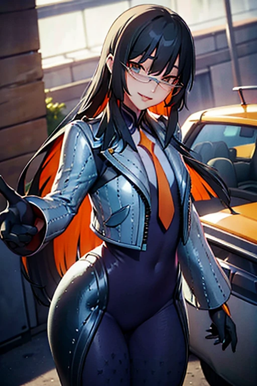 countess Daraku, long hair, glasses, gloves, pants, smile, trench coats 
BREAK looking at viewer,
BREAK outdoors,
BREAK (masterpiece:1.2), best quality, high resolution, unity 8k wallpaper, (illustration:0.8), (beautiful detailed eyes:1.6), extremely detailed face, perfect lighting, extremely detailed CG, (perfect hands, perfect anatomy)