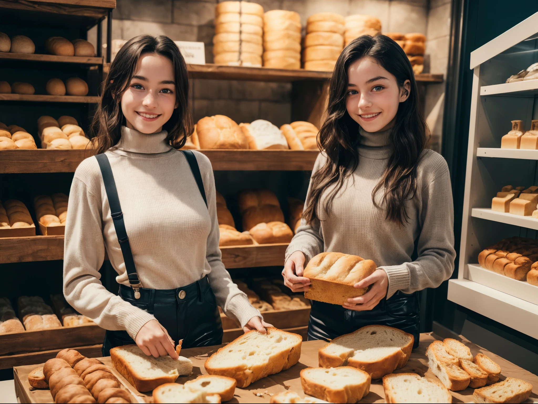 1girl, pov, detailed face, looking at viewer, long sleeve turtleneck blouse, inside vintage bakery shop, suspender, warm smile, warm filter, cozy ambience, bread on display, (Best quality, 8k, Masterpiece :1.4), sharp focus, raw photography, high resolution, ultra high definition, (photorealistic, realistic:1.4), (sweater), attractive, golden ratio, soft cinematic light, (bread in foreground:1.2), leather pants, (****, cute:1.3), (breasts:1.2), 