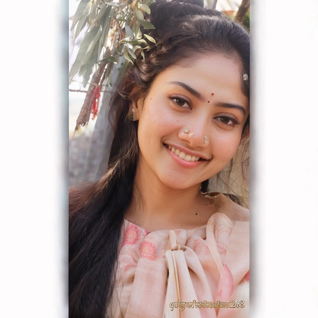 ultrarealistic hires close up photo of a 30-year-old sapa woman, outdoors, realistic skin texture, looking looking at camera, (marathi_saree:1.2), high pony hair, smiling, beautiful bokeh background