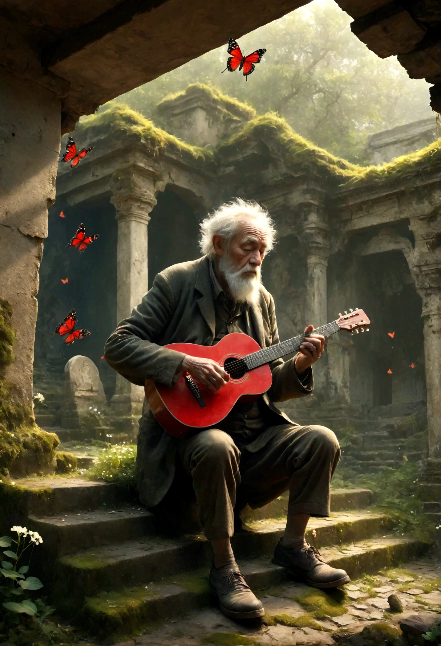 Wandering old man playing guitar, depressed, desolate, moss covered, Dilapidated, dirty, (best quality,4k,8K,High resolution,masterpiece:1.2),Extremely detailed,(Practical,photoPractical,photo-Practical:1.37),Dark Fantasy,severe,Mood lighting,Dramatic shadows,Movie,moody color palette,Soft Tones,Rubbish,rot,weathered,tattered,Small white flowers,Chinese tombs,Dungeons,cemetery,Black and Red,There is a broken bowl in front.,stairs,vine,rainwater,Swarms of glowing butterflies,A group of transparent wandering souls, Ghost