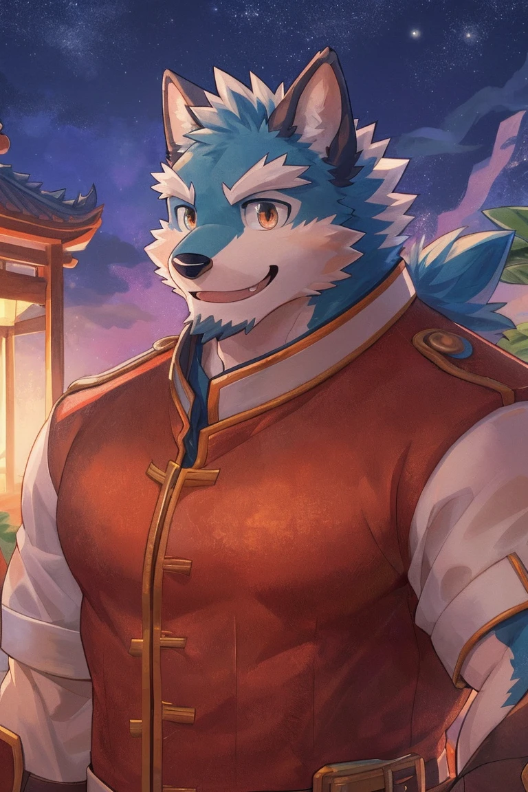 human nature, cannon, male, Solitary, ((Round Face, Handsome,Orange eyes,A small amount of black beard)), ((Endomorph, Handsome,Handsome的)), (armor,China costume), ((domestic 犬,Dog Orc), (At the training ground), Bokeh, (high quality, high resolution, Masterpiece 1.2), (Office lighting, Natural fill light,Rich colors), (Generous smile,full,Leisure), (Face focus), Full body picture (close up), cartoon, author:Takemoto Arashi, by zixiong, By Chunni, author:Empty Ghost,(background:Mountain jungle stream 1.5),,Glow,evening,Starry Sky,Auspicious Clouds,background丰富详细