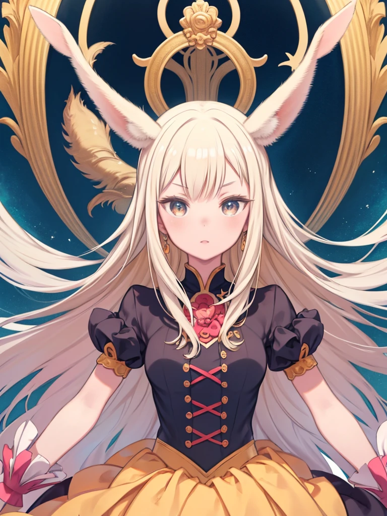 masterpiece, highest quality, {highest quality}, {{masterpiece}}, {High resolution}, focus, Anime Style, Woman cartoon closeup, Girl Design, Gisha, Anime Images, Long white hair, I combed my blonde hair., See it directly, cover deer ears, Sophisticated and powerful appearance, exotic, Cheerful big, classic costume, colorful, color