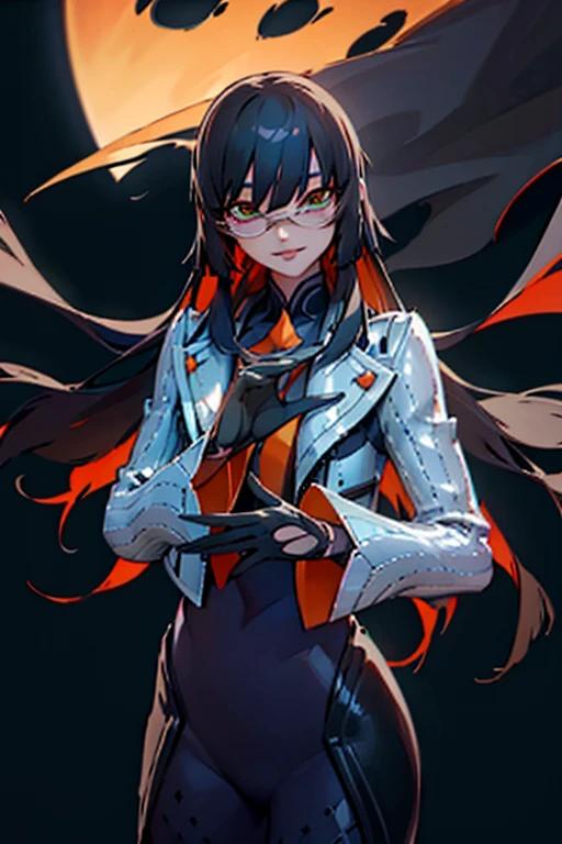 countess Daraku, long hair, glasses, gloves, pants, smile, trench coats 
BREAK looking at viewer,
BREAK outdoors,
BREAK (masterpiece:1.2), best quality, high resolution, unity 8k wallpaper, (illustration:0.8), (beautiful detailed eyes:1.6), extremely detailed face, perfect lighting, extremely detailed CG, (perfect hands, perfect anatomy)