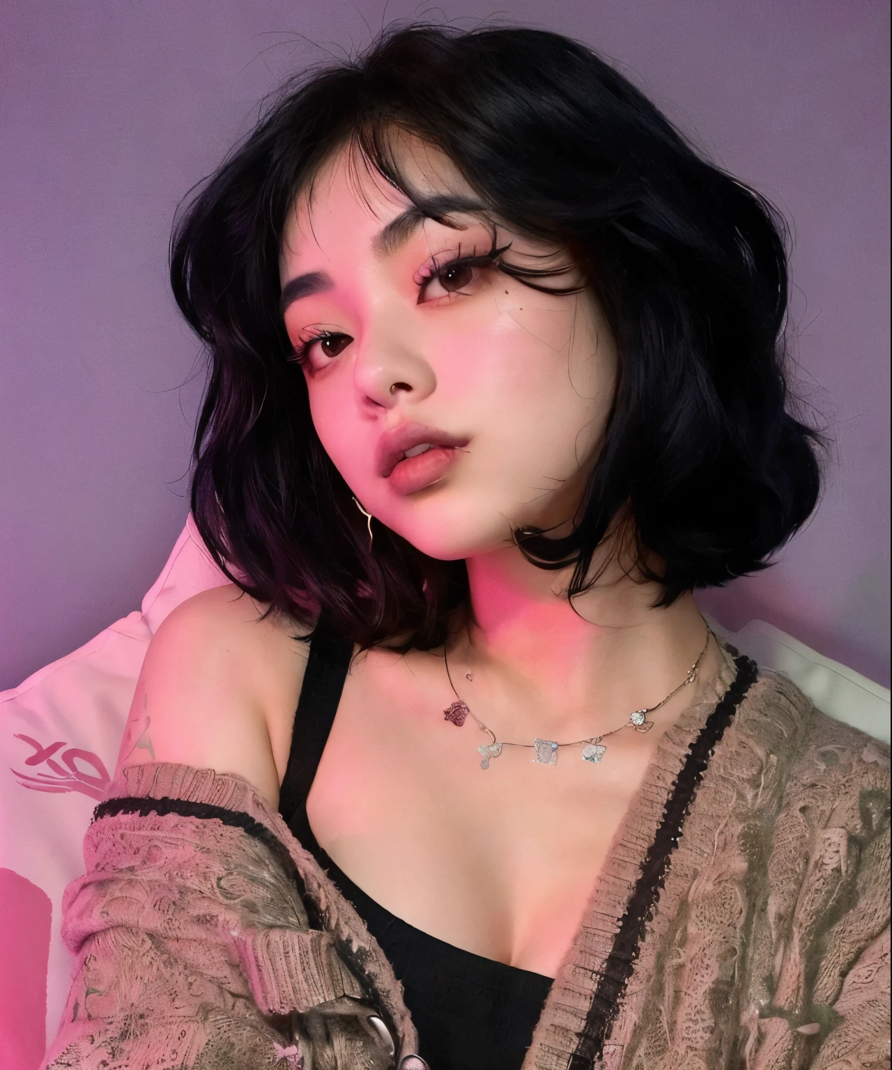 arafed jennie kim with a tattoo on her chest and a sweater, charli xcx, korean girl portrait, with short hair, goth girl aesthetic, charli bowater, profile image, with short hair with bangs, lofi girl aesthetic, short messy hair, grunge aesthetic, goth aesthetic, anime vibes, messy black bob hair, wearing choker, lofi portrait