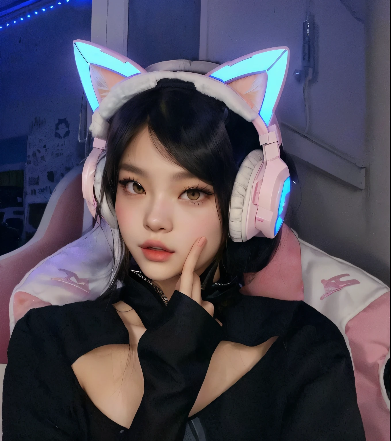 there is a jennie wearing a cat ear headphones and a black top, jennie do blackpink, wearing cat ear headphones, girl with cat ears, beautiful young catgirl, anime vibes, e-girl, e - girl, attractive cat girl, d. va from overwatch, catgirl, anime catgirl, woman with cat ears, wearing cybernetic bunny ears
