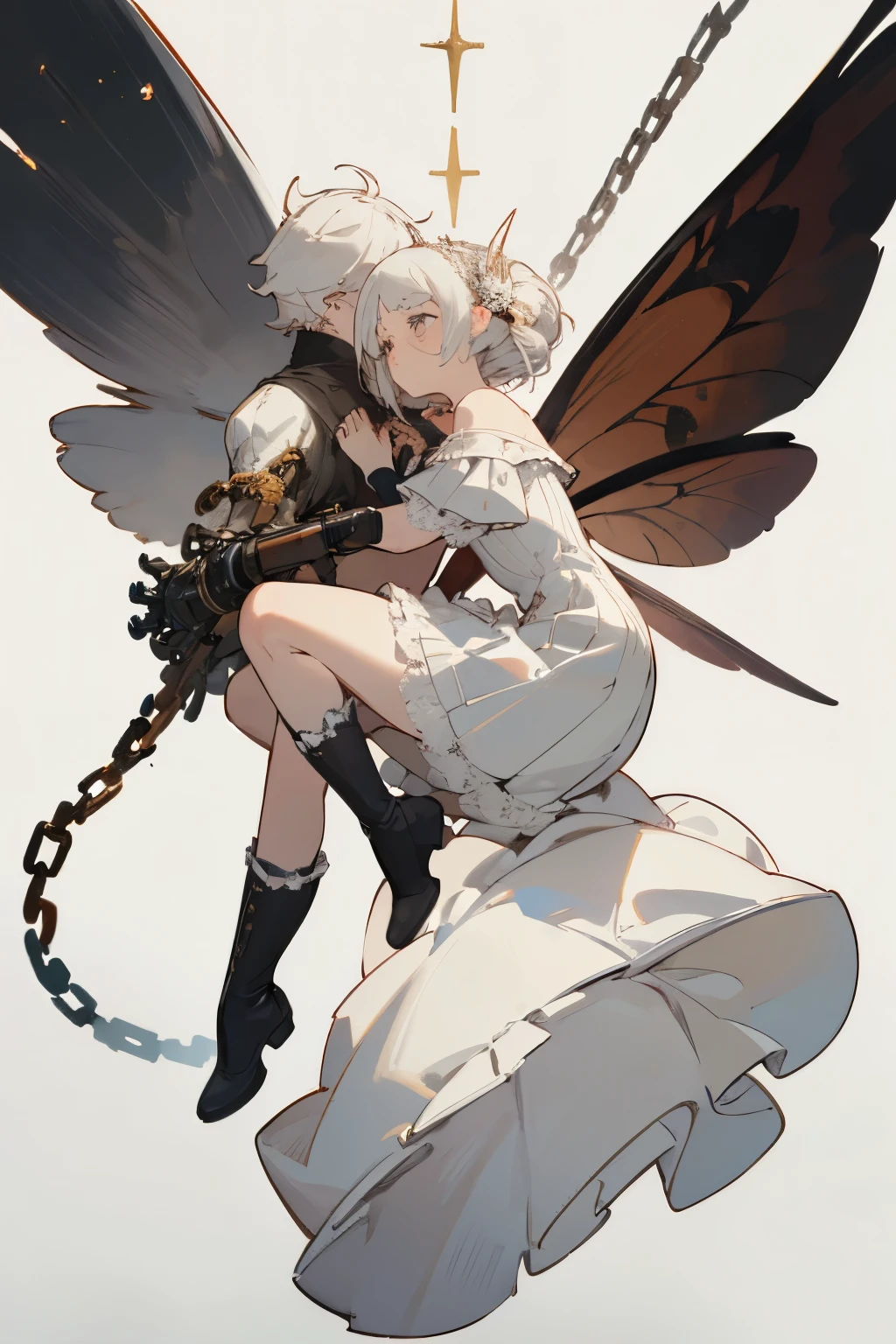 ((best quality)), ((masterpiece)), (detailed), 1girl, off-shoulder, blank white background, plain background, white background, red and white clothing, Bloodborne inspired, occult aesthetic, occult, detailed and intricate steampunk and detailed gothic, NSFW, Very dramatic and cinematic lighting, cosmic horror, grim-dark, side-lighting, perfect face, NSFW, Fluttering lace flared long knee length dress with frilly petticoats, knee length dress, pleated petticoats, lolita dress, petticoats gothic lolita, complex lace boots, side-lighting, gothic lolita aesthetic, wielding a mighty sword with mechanical components, various different types of insect wings, NSFW, full body, whole body, body, plain background, white background, blank background, no background, white background NSFW, chains, full body, whole body, head-to-toe NSFW