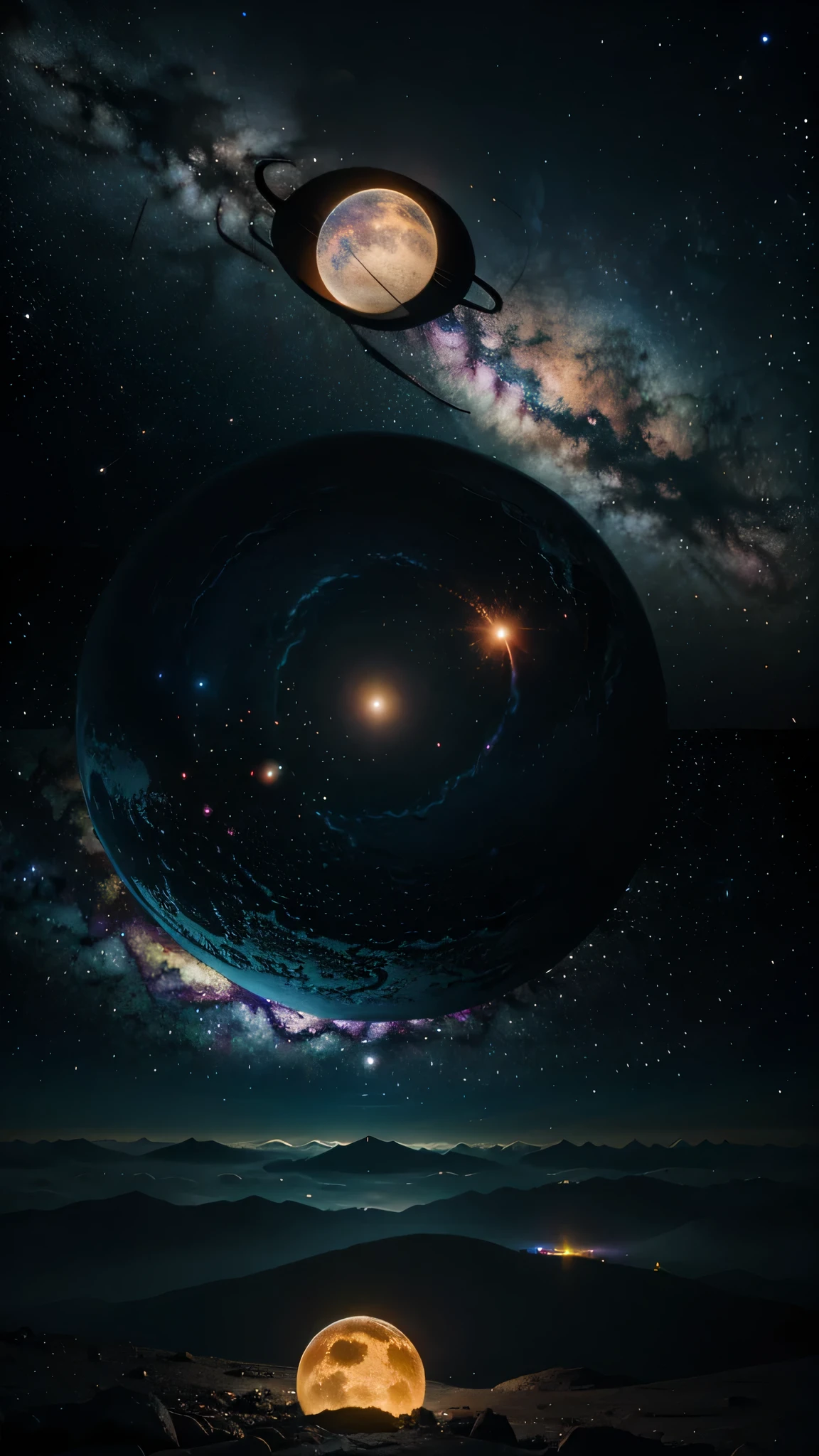 Galaxy with neon style planets in the dark