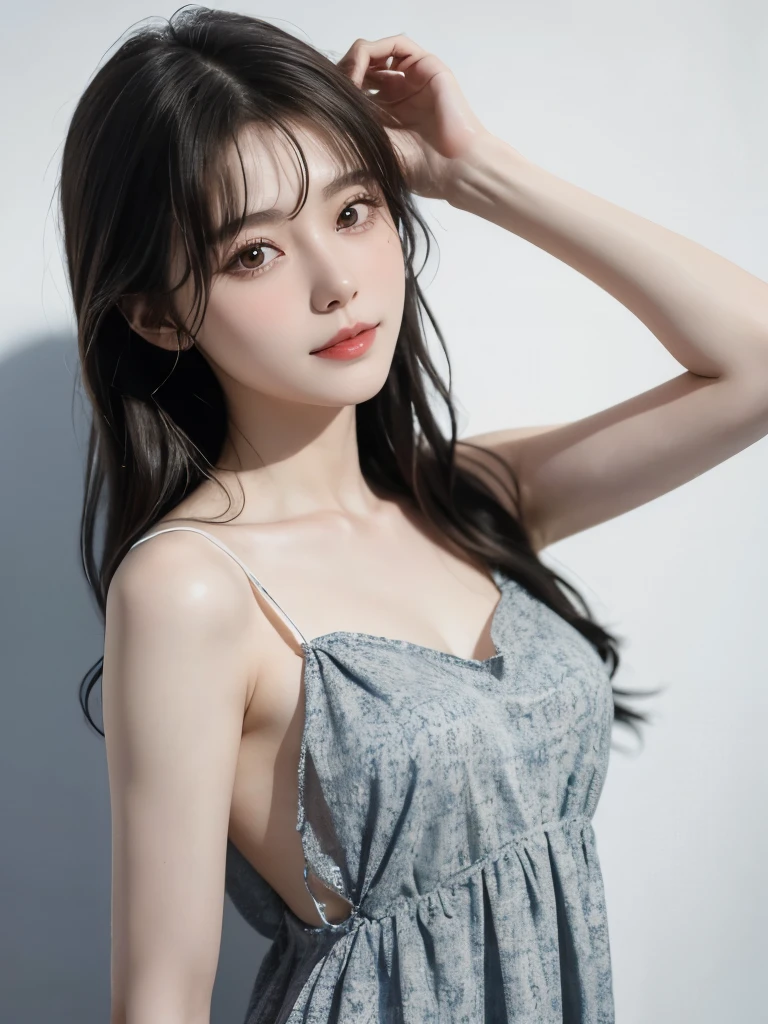 ((highest quality, 8K Raw Photo:1.5, masterpiece:1.3)), (1 person:1.4), 1 personの女の子, Japanese women,19 years old, Portrait Photography, High Contrast, look up, Aperture f1.2, Focal length 24mm, (whole body:1.2), smile, Photo pose, Physically Based Octane Rendering, Quality lace, Camisole Summer Dress, Simple Cut dress, Branded Dresses, Simple Cut, Long black hair, Tying up hair, Highly detailed skin details, Detailed fabric texture