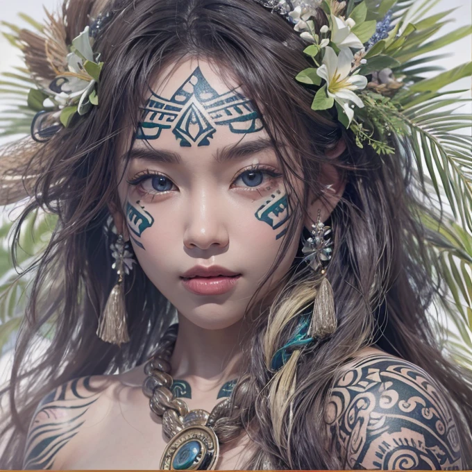 Polynesian Sea、Hair blowing in the wind 、 ((highest quality、masterpiece、8k、Best image quality、Ultra-high resolution、Award-winning works)、(Accurate anatomy:1.1)、(Look at me and smile:1.0)、Shining fair skin with Ultra-high resolution、The most detailed face、Ultra-high resolution detailed face、Ultra-high resolutionの髪の毛、(Ultra-high resolution eye:1.1)、Beautiful face drawn in every detail、Polynesian Costume,Small breasts, Polynesian Tattoo, Polynesian canoe、Wearing Polynesian costumes:1.2.