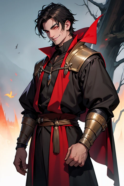 A handsome smiling vampire peasant in medieval times with red eyes and short black hair