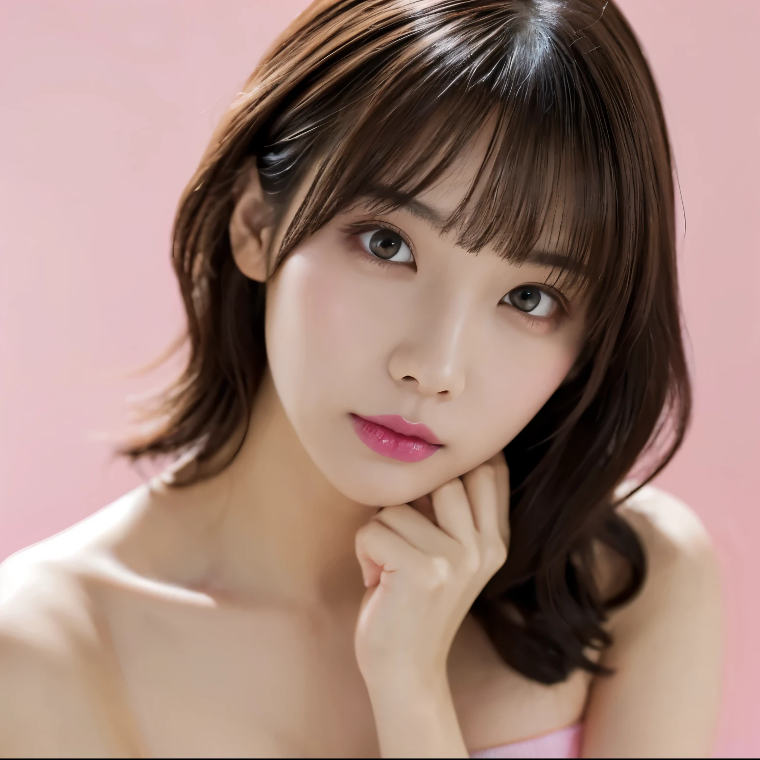 1 girl, ((Wearing pink make-up:1.4))、(Wearing a strapless micro bikini:1.5), Very beautiful Japanese idol portraits,
(RAW Photos, highest quality), (Realistic, Realistic:1.4), (masterpiece),
Very delicate and beautiful, Very detailed, 2k wallpaper, wonderful, finely, Very detailed CG Unity 8K 壁紙, Very detailed, High resolution, Soft Light,
Beautiful detailed girl, Very detailed目と顔, Beautiful and sophisticated nose, Big beautiful eyes, Cinema Lighting,
(Simple light color background:1.3),
(Medium Hair), (Parted bangs),
Complete Anatomy, Slender body,Big Breasts, Sensual look