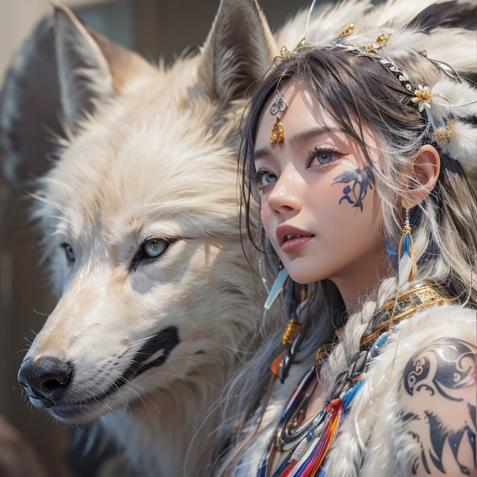 Shirakami-Sanchi、Hair flow、 ((highest quality、masterpiece、8k、Best image quality、Ultra-high resolution、Award-winning works)、(Accurate anatomy:1.1)、(Look at me and smile:1.1)、Shining fair skin with Ultra-high resolution、The most detailed face、Ultra-high resolution detailed face、Ultra-high resolutionの髪の毛、(Ultra-high resolutionの煌めく瞳:1.1)、Beautiful face drawn in every detail、(Blurred Background:1.1)、Native American white costume, American Indian Clothing, Chest to chest, tattoo、A real giant condor next to you。Observe the white wolf
