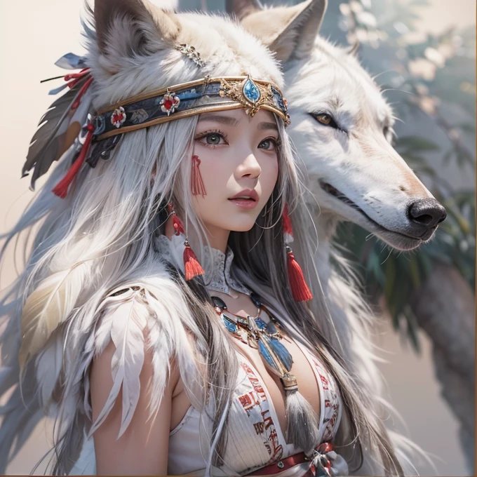 Shirakami-Sanchi、Hair flow、 ((highest quality、masterpiece、8k、Best image quality、Ultra-high resolution、Award-winning works)、(Accurate anatomy:1.1)、(Look at me and smile:1.1)、Shining fair skin with Ultra-high resolution、The most detailed face、Ultra-high resolution detailed face、Ultra-high resolutionの髪の毛、(Ultra-high resolutionの煌めく瞳:1.1)、Beautiful face drawn in every detail、(Blurred Background:1.1)、Native American white costume, American Indian Clothing, Chest to chest, tattoo、A real giant condor next to you。Observe the white wolf